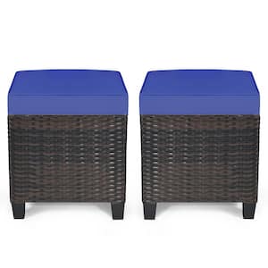 Brown Wicker Outdoor Ottoman with Navy Cushion