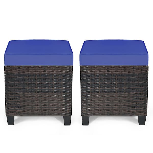 Costway Brown Wicker Outdoor Ottoman with Navy Cushion