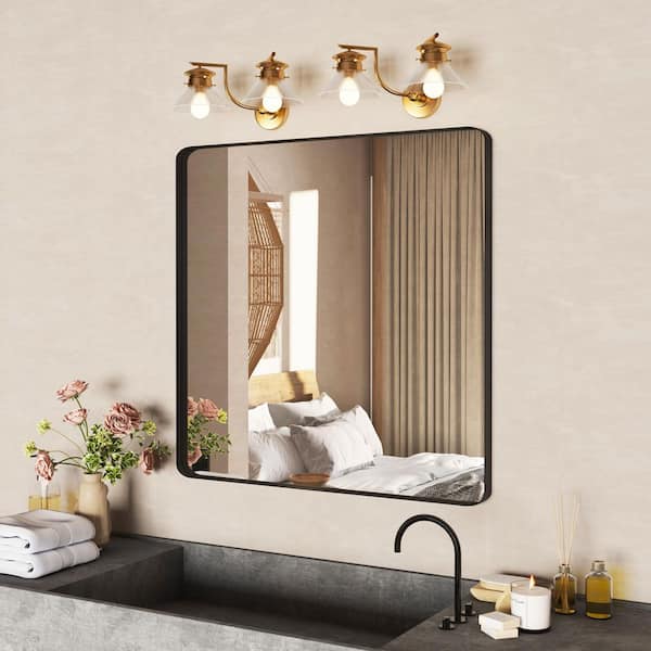 30 in. W x 30 in. H Rectangular Rounded corner Aluminum Framed Wall Mounted Bathroom Vanity Mirror in Black
