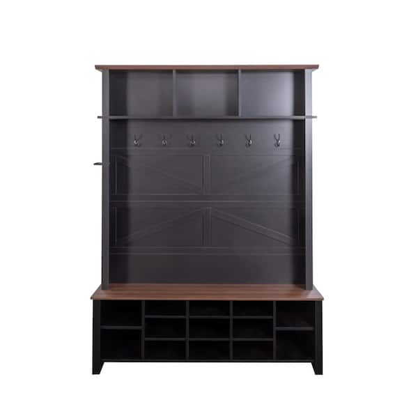 ANBAZAR Wooden Black Entryway 4-in-1 Shoe Cabinet with Bench Adjustable Dividers, 16 Open Compartments and 6 Hooks