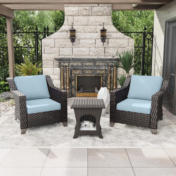 Gardenbee 3-Piece Wicker Outdoor Patio Conversation Lounge Chair Set with Side Table and Baby Blue Cushions