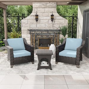 3-Piece Wicker Outdoor Patio Conversation Lounge Chair Set with Side Table and Baby Blue Cushions