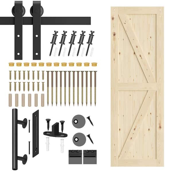 28 in. x 84 in. Sliding Barn Door with 4.7 ft. Hardware Kit, Solid Pine Wood Interior Unfinished Door Assembly Required