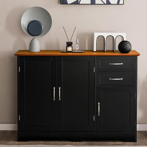 Black Wood 43.5 in. Buffet Sideboard Kitchen Cupboard Storage Cabinet with 2-Drawers and 3-Doors