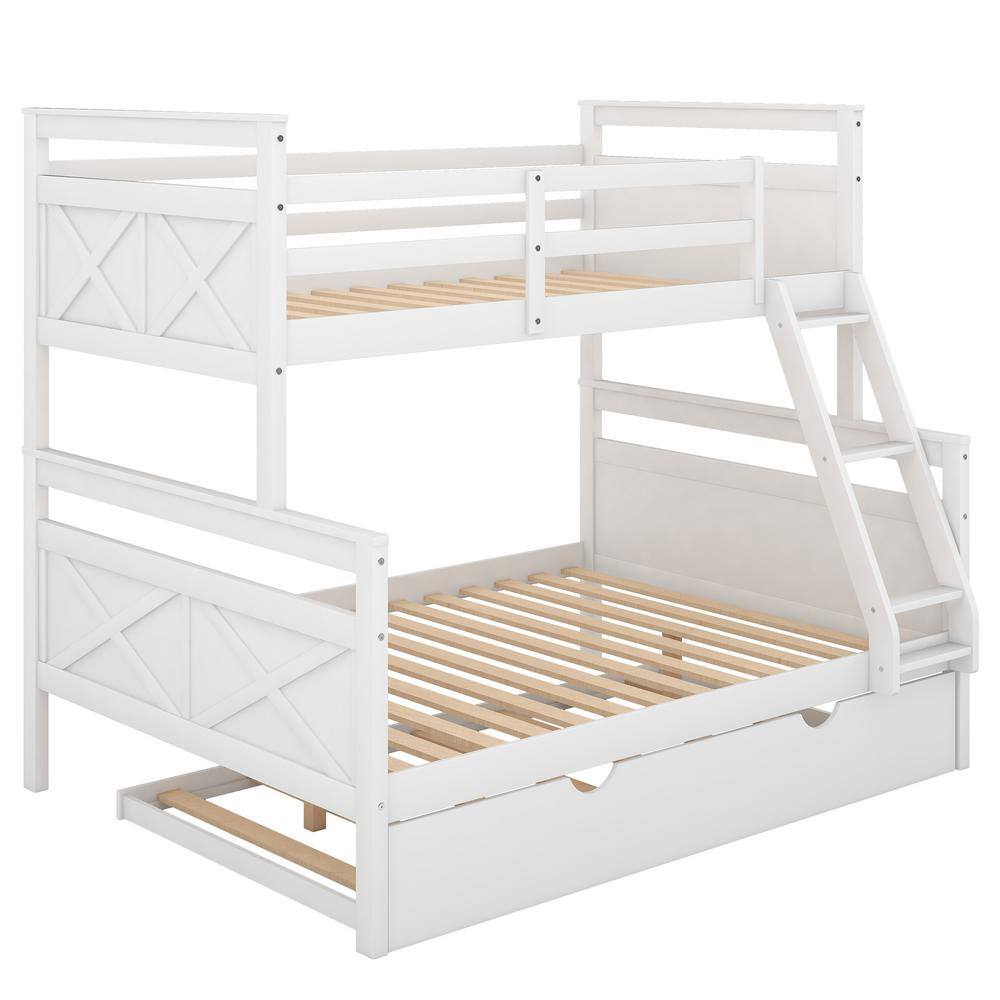 URTR White Twin Over Full Bunk Bed with Twin Size Trundle, Wood Bunk ...