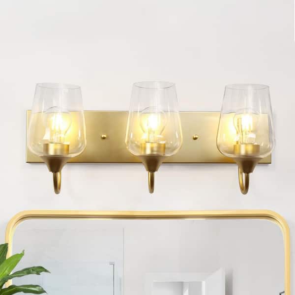 21.9 in. 3 Light Modern Gold Vanity Light with Wine Glass-Inspired Clear Glass Shades and Rectangle Backplate