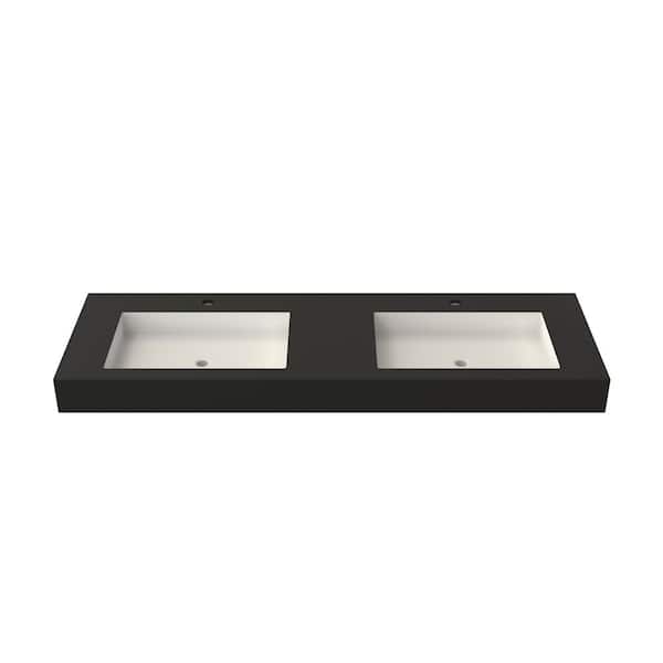 59 in. W x 19 in. D x 4 in. H Solid Surface Bathroom Double Wall-Mount Sink/ Vessel Sink in Black with Faucet Hole