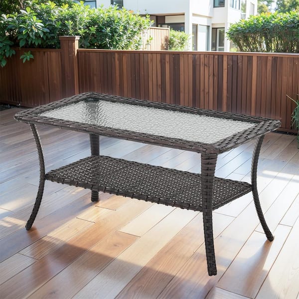 Brown Rectangle Wicker Outdoor Side Table with Tempered Glass Top and Storage Space
