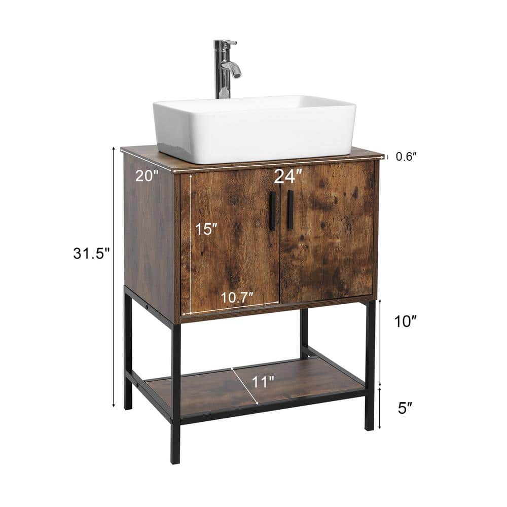 24" Rustic Brown MDF Freestanding Vanity with White Ceramic Sink