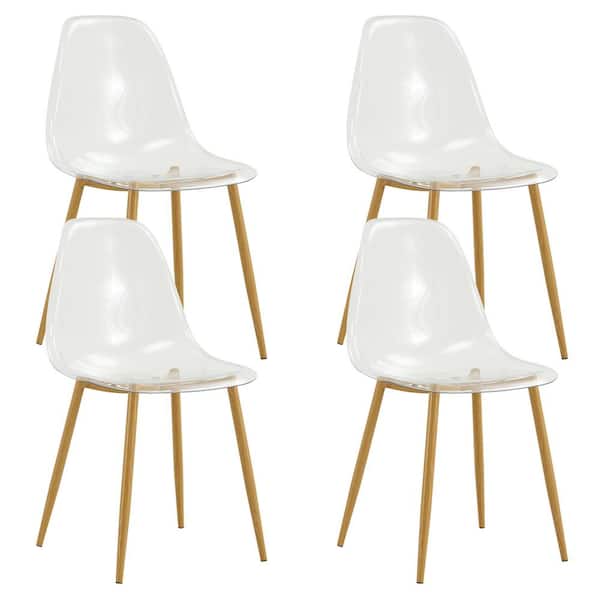 Polibi Modern Clear Dining Chair, Armless Crystal Chair with Wood Color Metal Leg, (Set of 4)