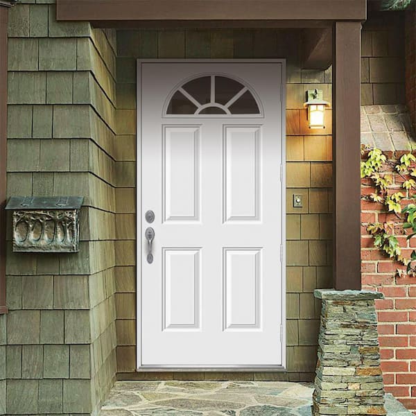 32 in. x 80 in. Fan Lite White Painted Steel Prehung Left-Hand Outswing Front Door w/Brickmould