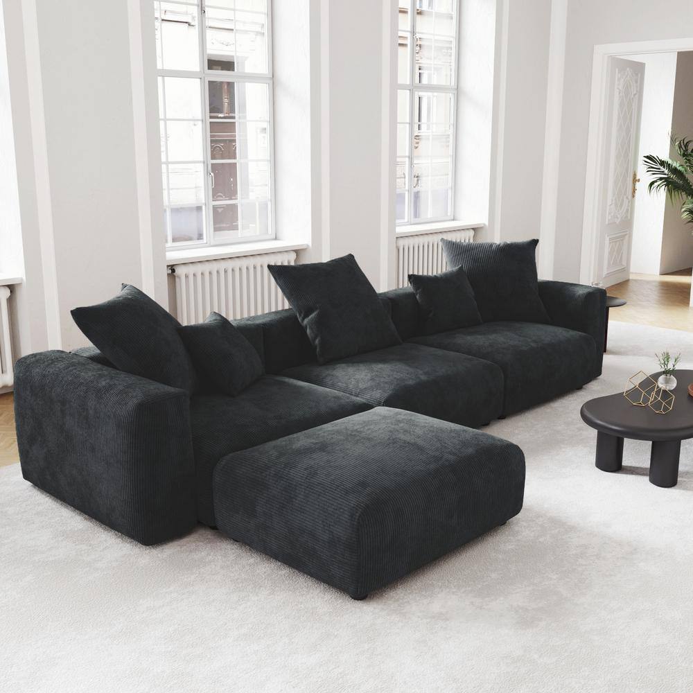Magic Home 31 in. Corduroy Polyester Square Accent Small Modern Sectional Sofa Ottoman in Black