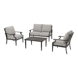 Braxton Park 4-Piece Black Steel Outdoor Patio Conversation Deep Seating Set with CushionGuard Stone Gray Cushions