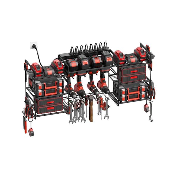 Large Power Tool Organizer 38.8 in. Black Metal Individual Switches 8-Outlet Surge Protection Wall Rack w/ Hooks Shelves