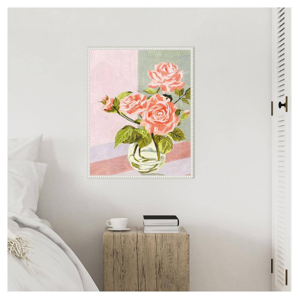 Douces Roses I Pink and Green Canvas Wall Art with White Frame
