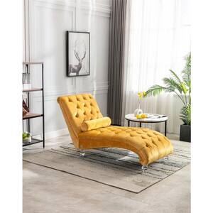 Mustard Velvet Upholstered Leisure Armless Button Tufted Concubine Chaise Lounge with Bolster Throw Pillow Acrylic Feet