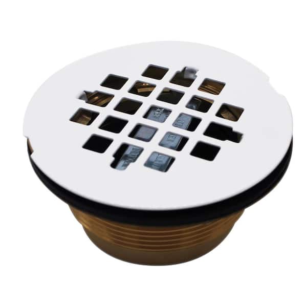 Westbrass 2 in. No-Caulk Brass Compression Shower Drain with 4-1/4 in. Round Grid Cover, Powder Coat White