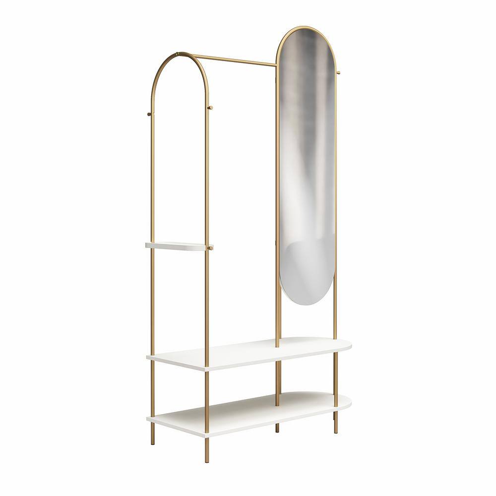 White and Gold Metal Valet Stand with Mirror