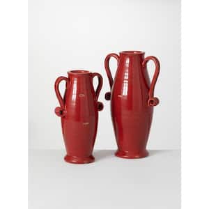 15.5" and 12.5" Red Ceramic Handled Urn (Set of 2)