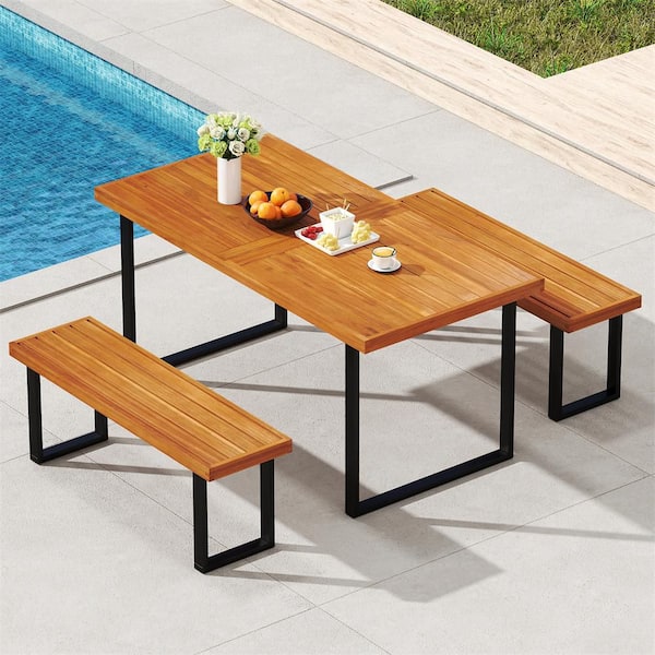 2 Person Outdoor Acacia Wood Patio Bench Set of 2 48 in. Long Dining Bench with Metal Legs