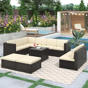 Brown Wicker Rattan Outdoor Patio Furniture Sets Sectional Seating Group with Beige Cushions and Ottoman