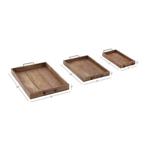 Brown Mango Wood Decorative Tray with Slot Handles (Set of 3)