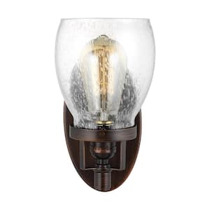 Belton 5.375 in. 1-Light Bronze Transitional Industrial Wall Sconce Bathroom Light with Clear Seeded Glass Shade