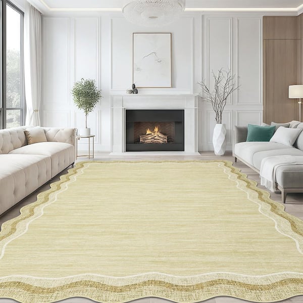 5 ft. x 7 ft. Beige Scallop Area Rug, Washable Rug, Non-Slip Low-Pile Solid Rug, for Bedroom, Living Room, Home Office