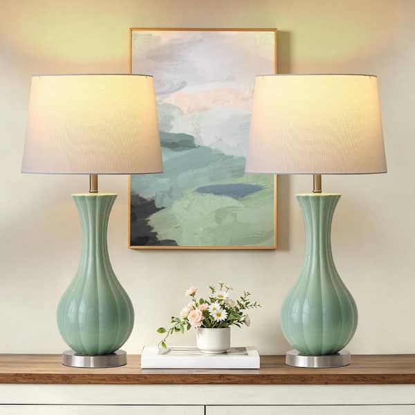 25.4 in. Modern Green Ceramic Table Lamp for Living Room and Bedroom with Natural Linen Shade (Set of 2)
