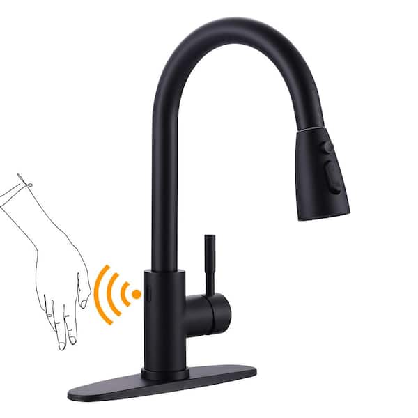WOWOW Touchless Single Handle Pull Down Sprayer Kitchen Faucet with Deck Plate in Matte Black