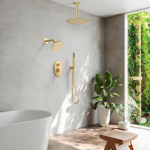 3-Spray Patterns 10, 6 in. Single Handle Ceiling, Wall Mount 2.5 GPM Fixed Shower Head Dual Shower Head in Brushed Gold