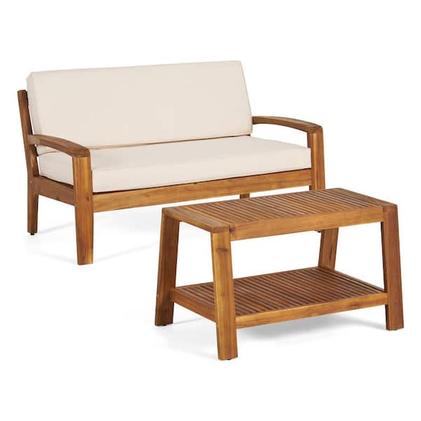 Grenada Teak Brown 2-Piece Wood Outdoor Patio Conversation Set with Beige Cushions