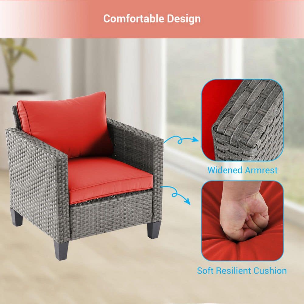 Sanluce 5-set Outdoor Gray Pe Wicker Conversation Couch Set Extra Ottomans Design For Lawn, Patio And Porch, Rust Red Cz-ps-115hog