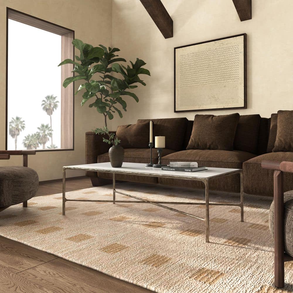 Jessa 28 in. White and Brass Rectangle Marble Coffee Table