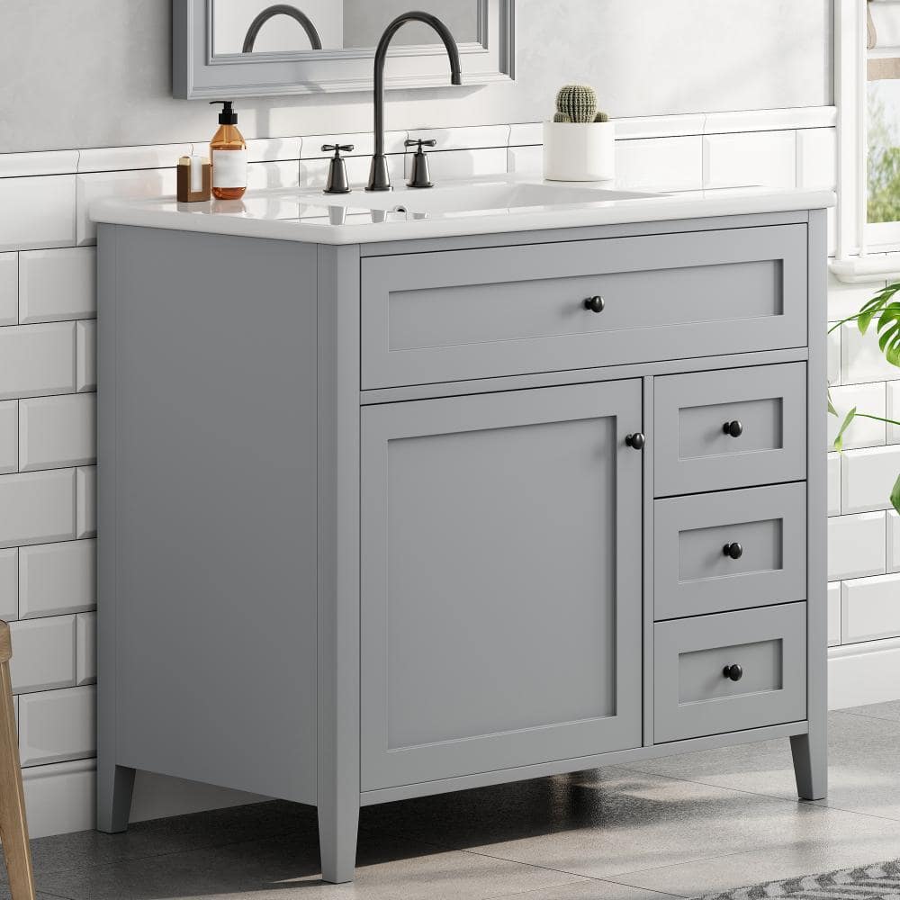 36 in. Gray Bath Vanity with White Ceramic Sink Top, 3 Drawers and Adjustable Shelf price history on PriceWatchPro