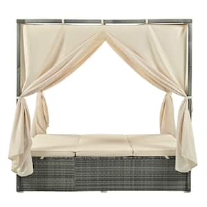 Gray Plastic Outdoor Day Bed with Beige Cushions and Adjustable Seats