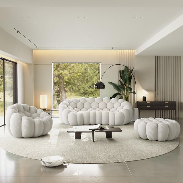 Set of 3 Bubble Fabric Sofa, 98 in. Curved 3 Seats Armless Floor Couch with Chair, Ottoman in Gray, No Assembly Required