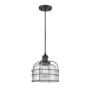 Bell Cage 1-Light Matte Black Seedy Shaded Pendant Light with Seedy Glass Shade