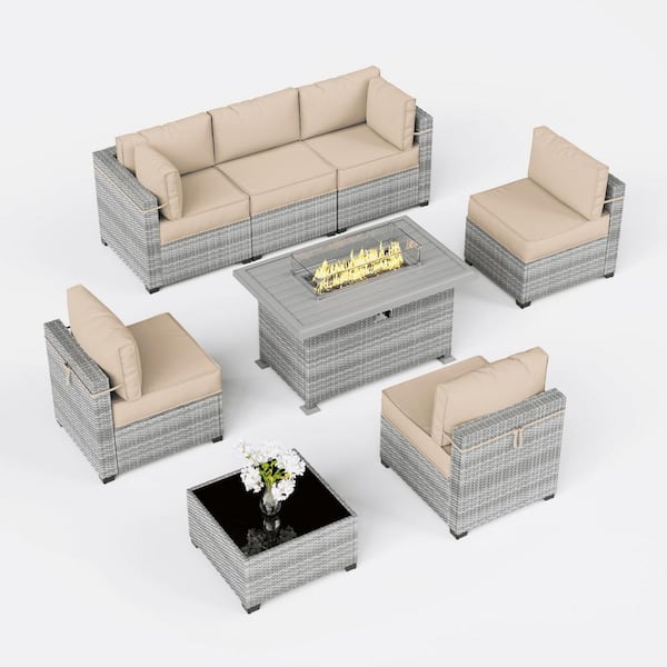 Kimunuk 8-Piece Wicker Outdoor Patio Sectional Conversation Set with Cushions and Fire Pit Table Sand