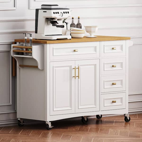 Rolling White Drop Leaf Wood Tabletop 52 in. Kitchen Island Cart with Adjustable Shelf, 2 Doors and 5 Drawers