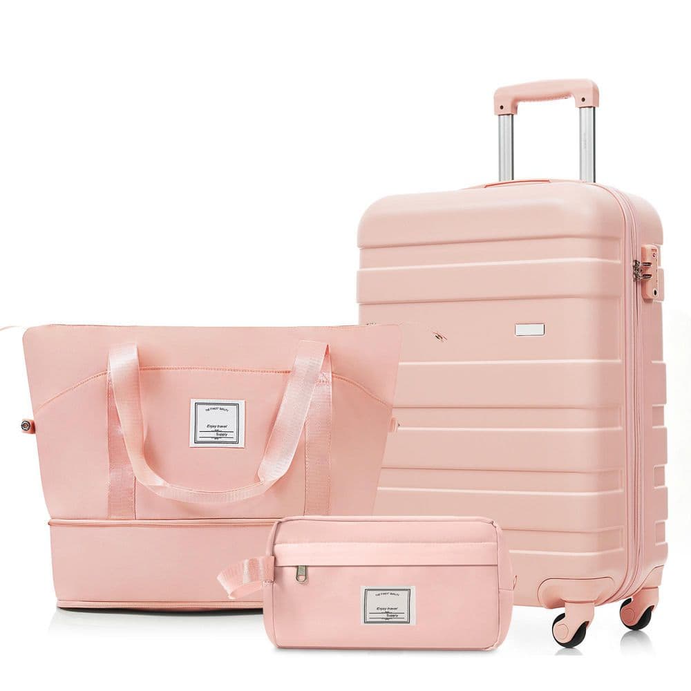 3-Piece Pink ABS Plastic Hardshell Spinner 20 in. Luggage Set with Travel Duffel Bag, Toiletry Bag, TSA Lock