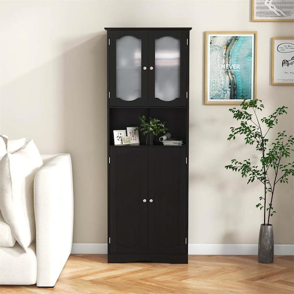 Black 64.5 in. Tall Bathroom Cabinet with Tempered Glass Doors and Adjustable Shelves