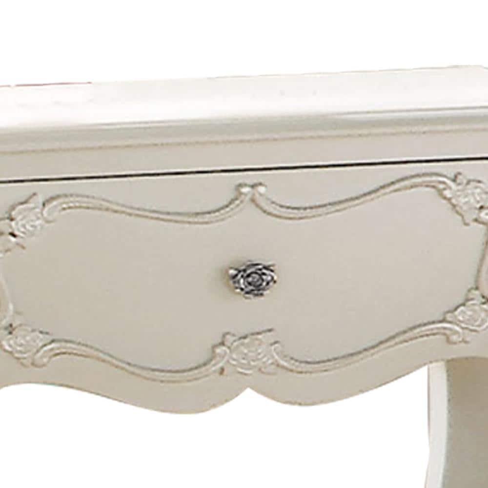 Edalene Pearl White Pine Wood Nightstand with Floral Carving