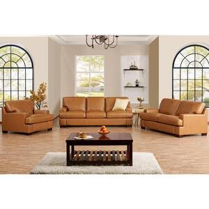 74.5 in. Square Arm Leather Rectangle Sofa set with Sofa, Loveseat and Accent Chair in Tan