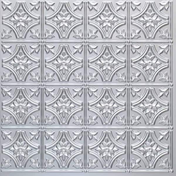 FROM PLAIN TO BEAUTIFUL IN HOURS Gothic Reams Silver 2 ft. x 2 ft. Glue Up PVC Faux Tin Ceiling Tile