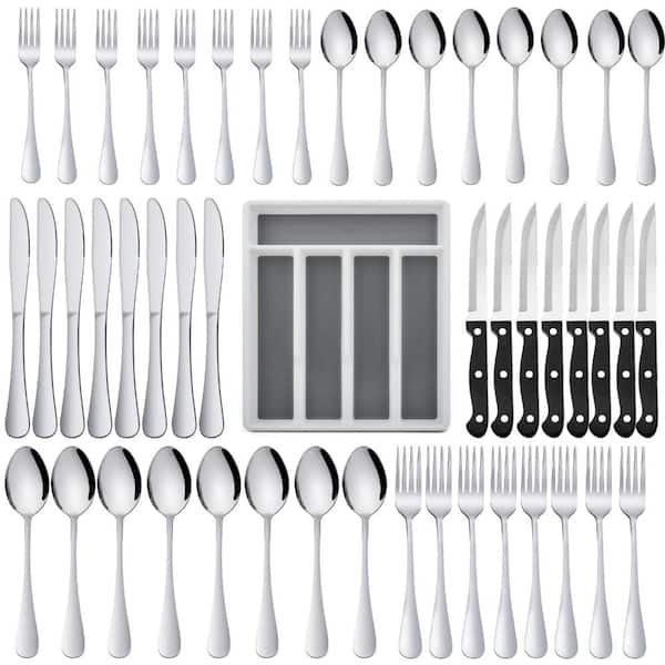 Stainless Steel Mirror-Polished Flatware Set with Steak Knives, 5-Compartment Drawer Organizer, Service