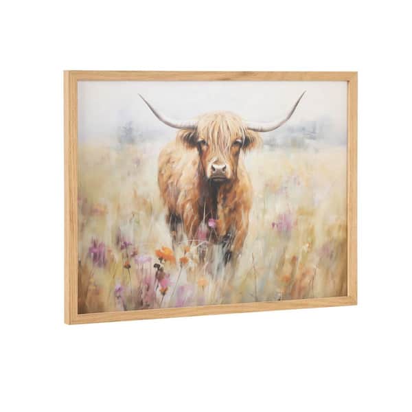 Kate and Laurel Gallery Highland Cow in a Flower Field Landscape by The Creative Bunch Studio Natural Framed Art Print 16 in. x 12 in.