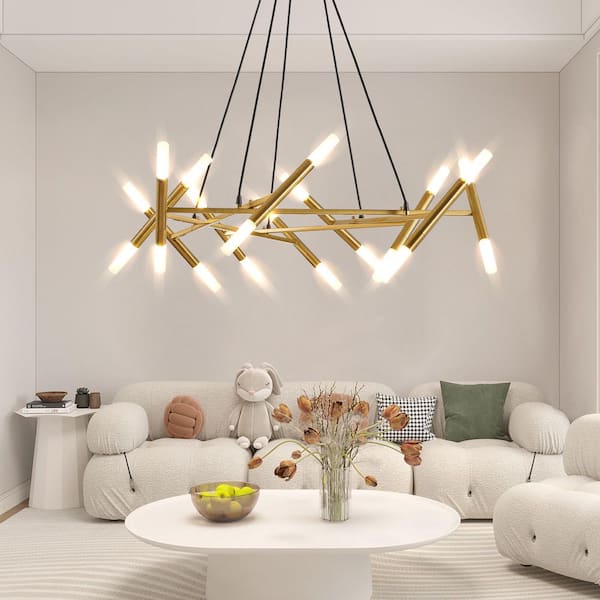 20 Light Adjustable Height Gold Modern Branch Chandelier for Living Room (Bulb Not Included)