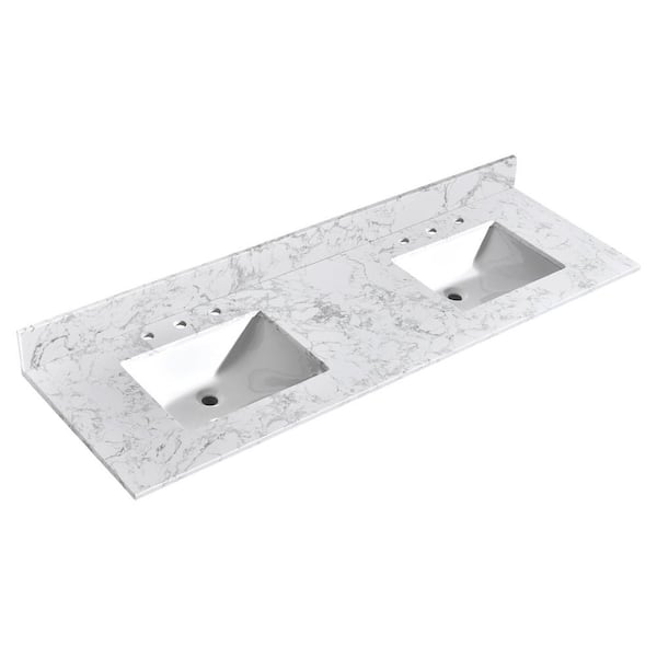 YASINU Moon face 60 in. W x 22 in. D Engineered Stone Composite White Rectangular Double Sink Bath Vanity Top in Bianco Veneto