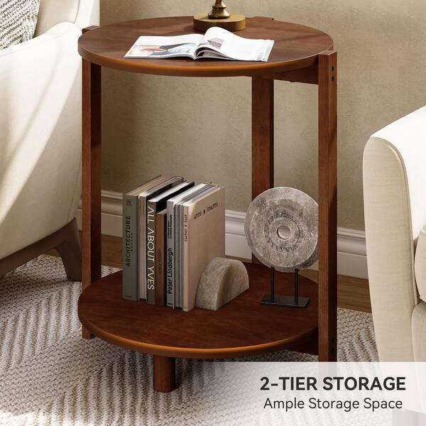 BYBLIGHT 19 in. Expresso Round Wood End Table with 2-Tier Storage